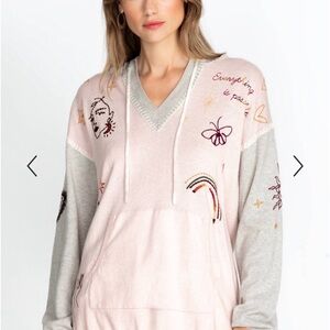 Johnny Was Clara Baja Pink and Gray Embroidered Sweatshirt size medium